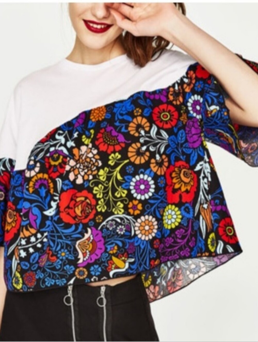 Zara White Yoke Multicolor Floral Crop Top